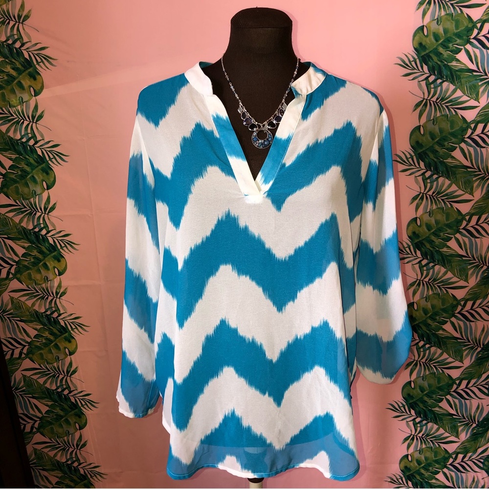 Cato Blue & White Lightweight Sheer Long Sleeve Button Down